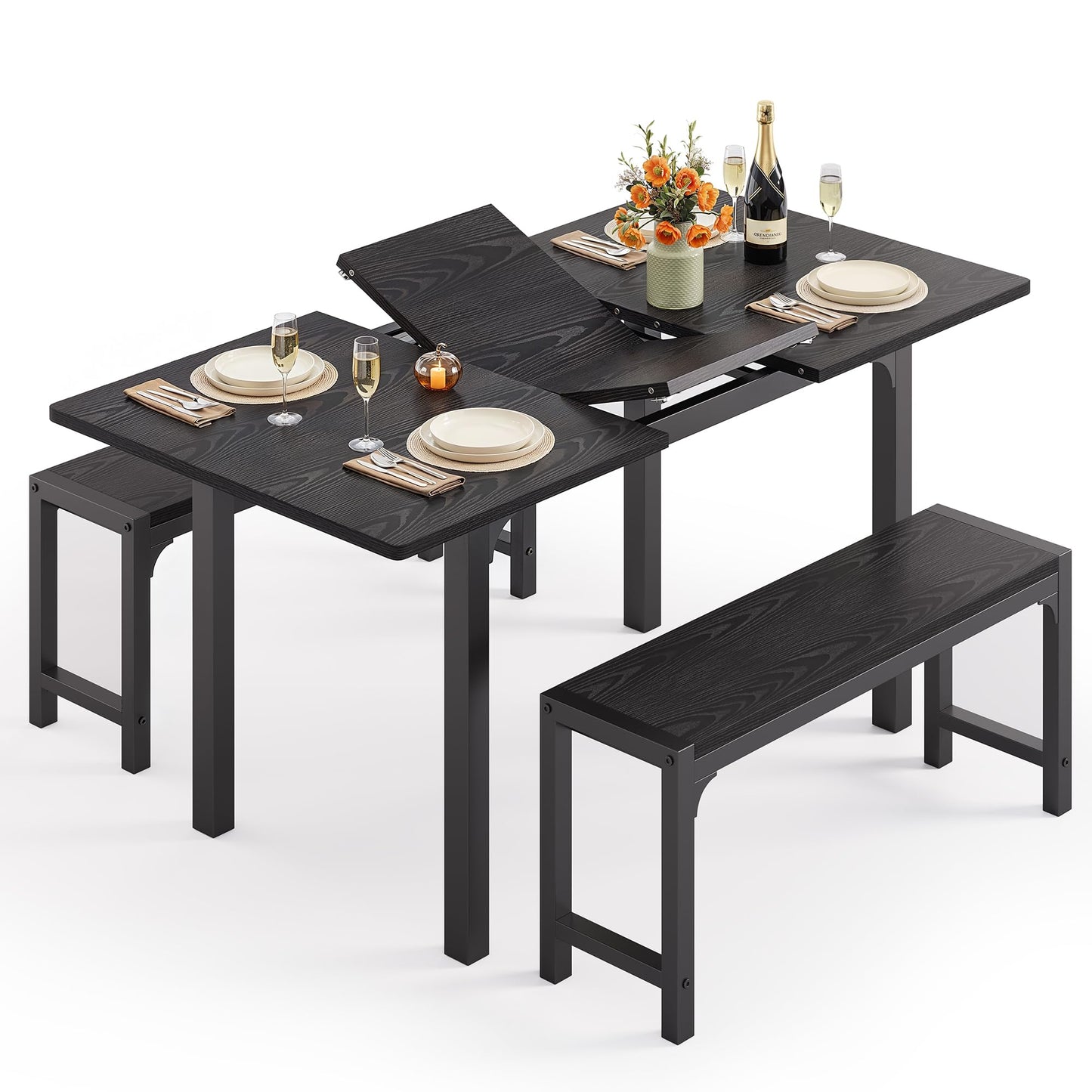 Ahomly 63“ Large Extendable Dining Table Set for 4-6 with 180° Smart-Flip Pivot, Kitchen Table Set with Bench, Dining Room Table with Metal Frame & MDF Board, Perfect for Small Space, Black