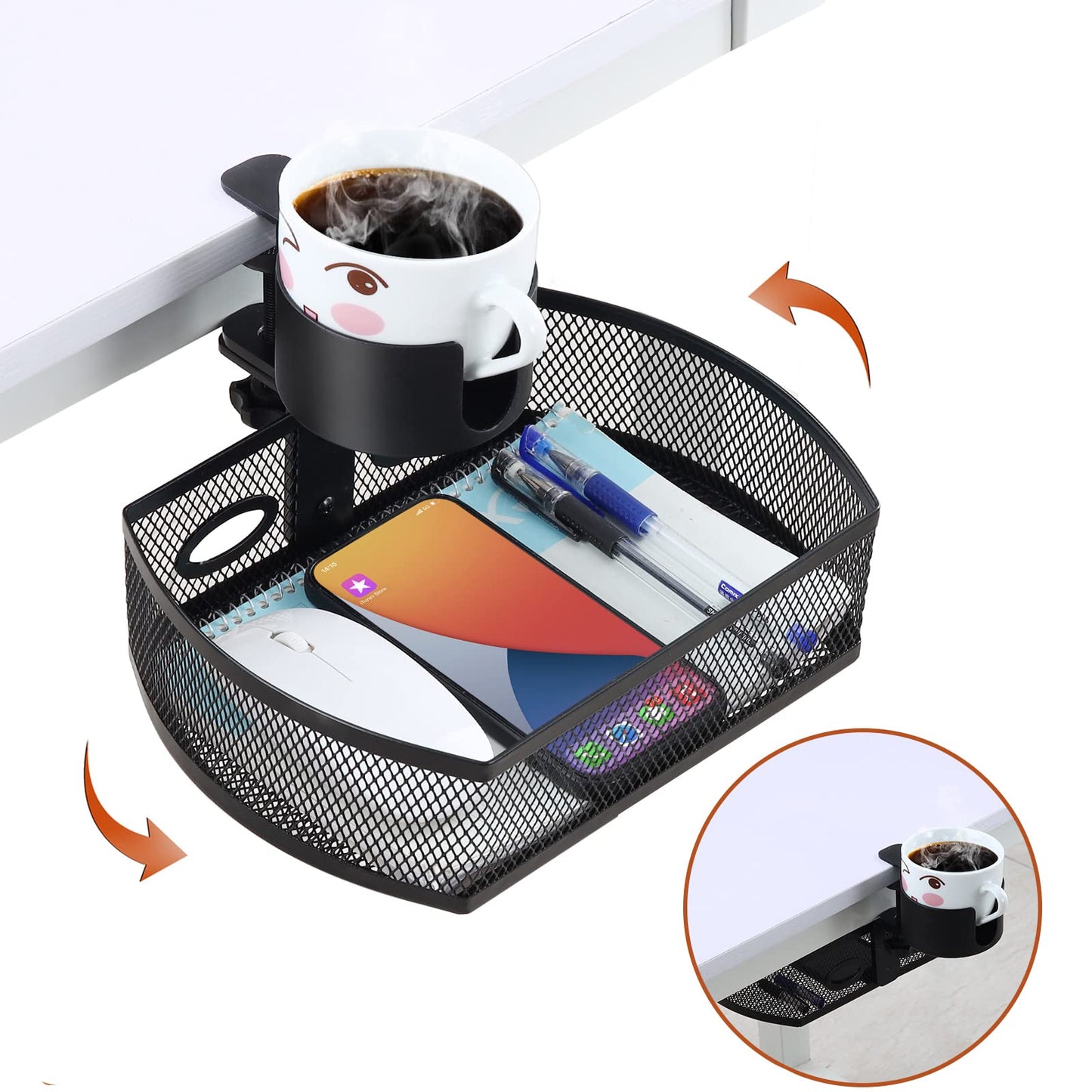 MASTLU Under Desk Organizer,Cup Holder,Table Management Tray, Swivel Pencil Drawer, Office No Drill Steel Organizers,360 Spin Hidden Storage Box with Sturdy C-Clamp,Easy Install (Black)