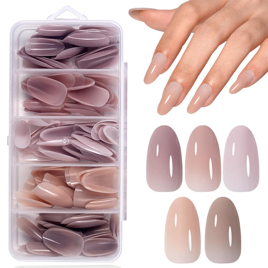 AILLSA Medium Gel Nail Tips Oval Shape 5 Natural Colors 4 in 1 False Nail Tips Set Press on Nails 140 PCS Pre-applied Tip Primer