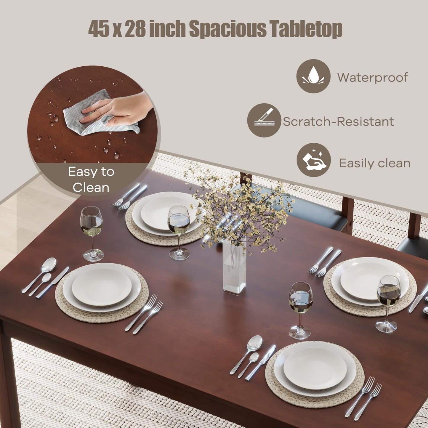 NAFORT 5 Piece Dining Table Set for 4, Farmhouse Solid Wood Kitchen Table Chairs Set of 4, Mid-Century Modern Dinette Set w/Upholstered Dining Chairs, 4 Seat Dining Room Table for Kitchen,Office