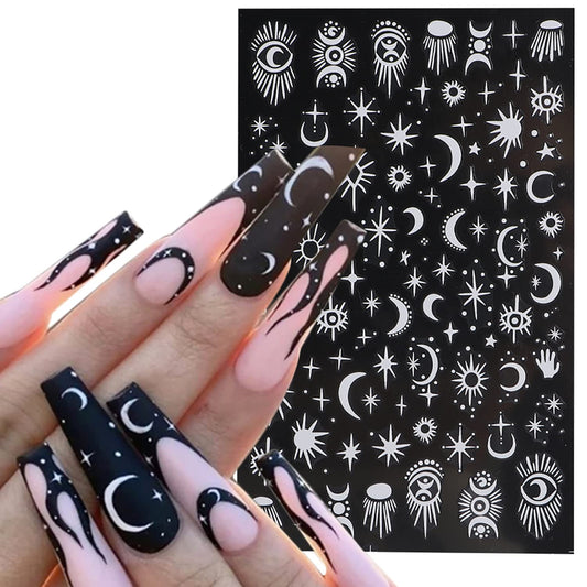 White Totem Nail Art Adhesive Sticker 3D Self-Adhesive Nail Decals Art Design Holographic Stars Moon Snake Nail Art Sticker Decoration for Women Manicure Tips Acrylic Nails DIY Nails Art Supplies