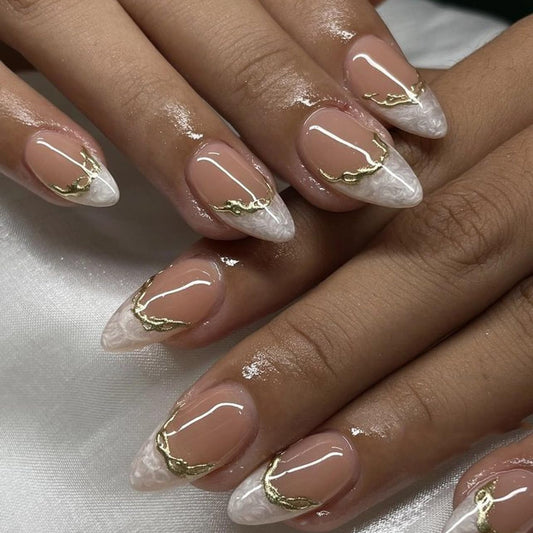 evpct French Tip Press On Nails Short Almond No Glue, Nude Gold Line & Pearl White Tips, Glossy Short Almond Fake False Press on Nails, Reusable Stick on nail Press ons Nail Kit, Salon-quality