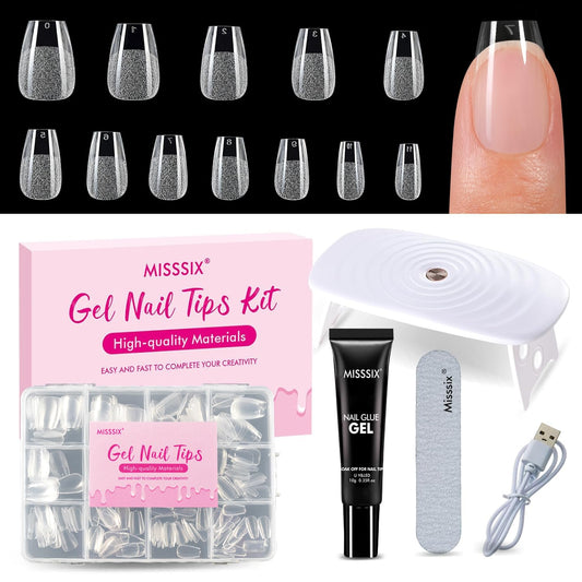 Misssix Extra Short Coffin Gel x Nail Tips Kit, 216Pcs Pre Etched Clear Fake Nails, Full Cover False Nail Gel Glue and Portable Mini U V Nail Lamp for Women 12 Sizes