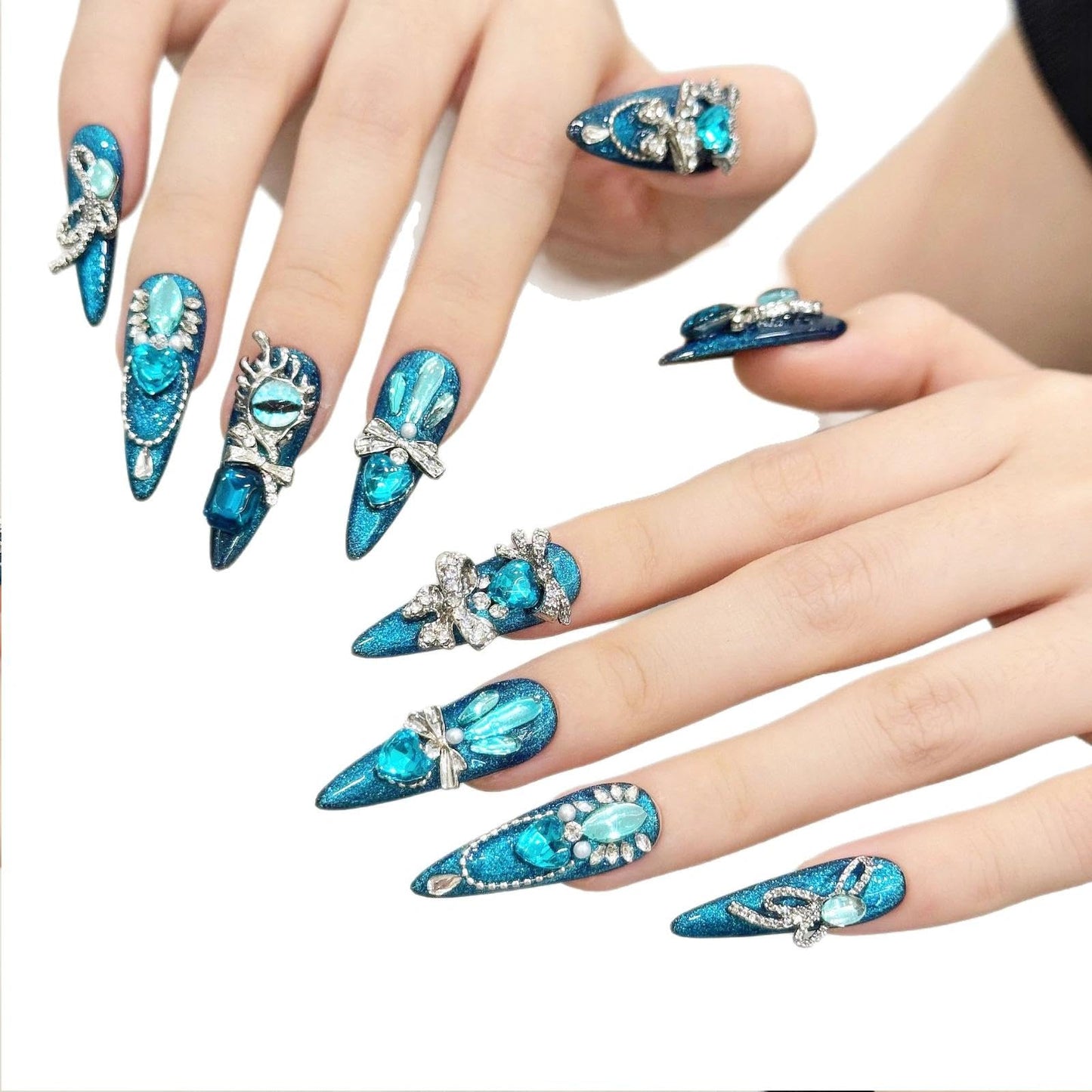 Handmade 3D Blue Green Gem Royal Stiletto Press On Nails, Luxury Rhinestone Artisan Nails Set, Reusable Glossy Press-ons with Tool Kit (M)