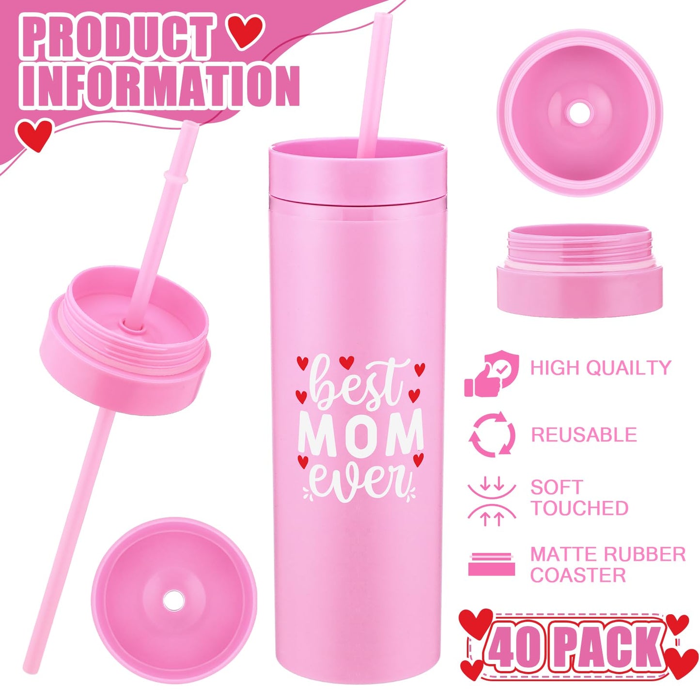 40 Pack Mother's Day Cups Bulk Gifts for Mother 16 oz Best Mom Ever Acrylic Tumbler Bulk with Lid and Straw Reusable Plastic Cup Gifts for Mom Group Grandma Woman Church Party Favors for Home Office