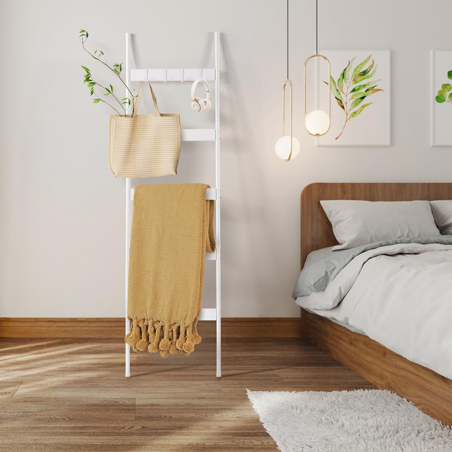 ELYKEN Blanket Ladder for Living Room, Farmhouse 5-Tier Quilt Holder with 4 Removable Hooks for Bathroom, Wood Towel Rack Display, Wall Anchor Leaning Decorative Stand for Home, White