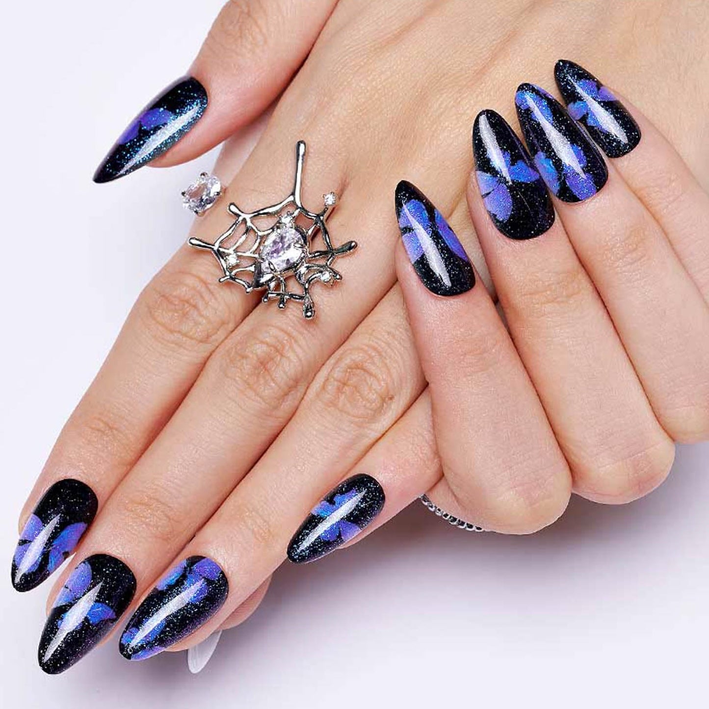 GLAMERMAID Press on Nails Almond，Gothic Blue and Nude Glue on Nails Set,48 Pcs Glossy Short Press on Nails with Butterfly Design,False Nails for Women Girls Gift