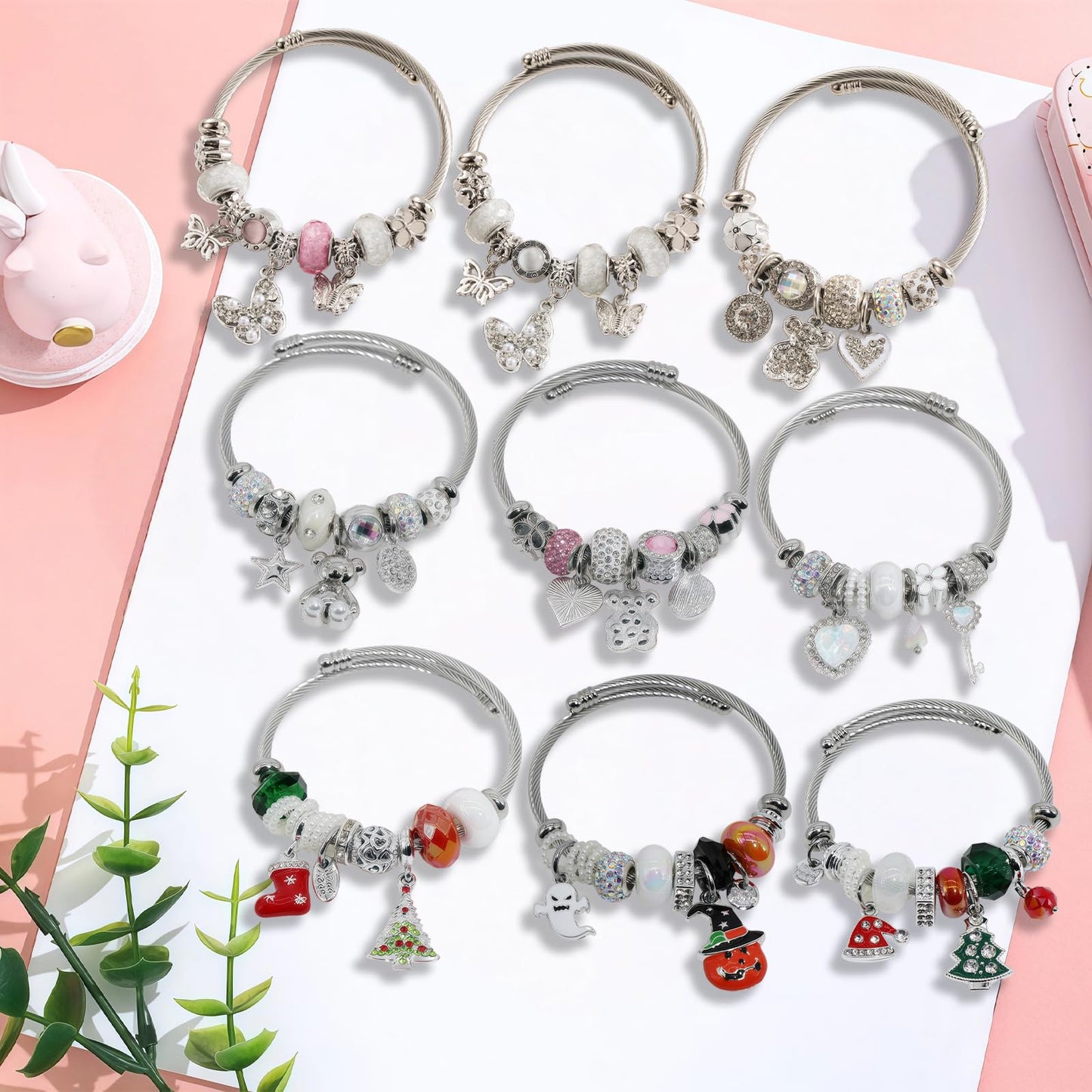 IUULOB Silver Women Bracelets - Adjustable Charm Bracelets for Women Birthday Gifts Favors Titanium Steel Bracelet Bundle Jewelry Kit (D: Butterfly - Pink)