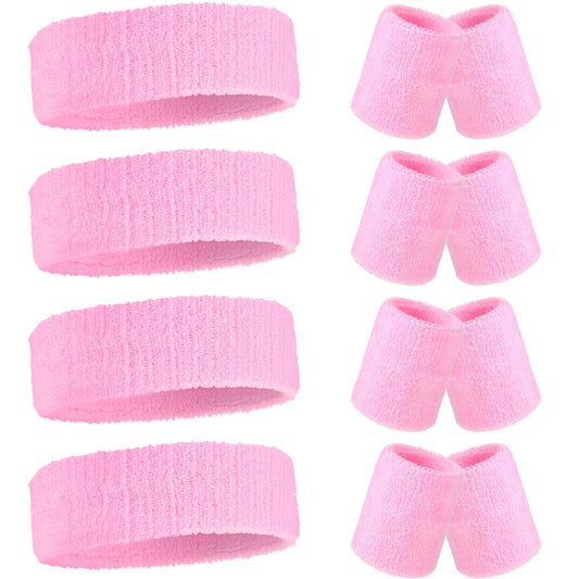 Civaner 12 Pcs 80 90s Neon Sweatbands Soccer Baseball Headbands Wristband Set for Men Women Party Cotton Headbands Terry Cloth Athletic Sweat Bands for Tennis Football Gym Outdoor(Pink)