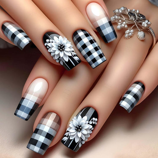 Square Press On Nails Medium Fake Nails Flower With Plaid Design Black False Nails Spring Acrylic Nails Full Cover Ombre Glue On Nails Artificial Nails Glossy Stick On Nails For Women Manicure 24pcs