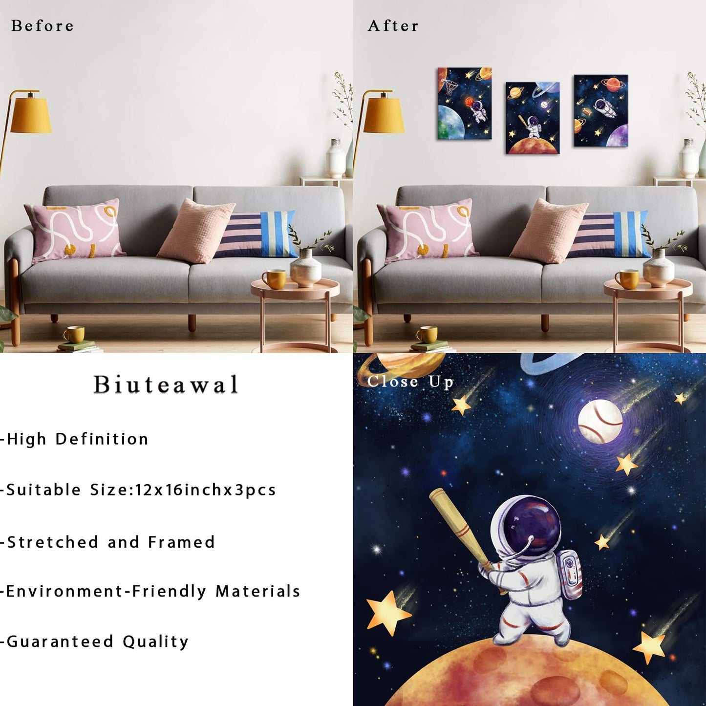 Biuteawal 3 Panels Space Wall Art Cute Astronaut Play Basketball Football Baseball Sports Picture Universe Theme Canvas Painting Funny Art Boys Girls Kids Bedroom Nursery Room Decor