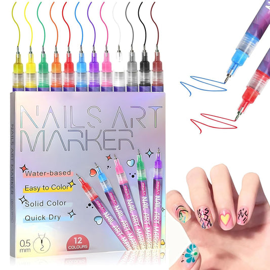 12 Colors Nail Art Pens Set, New Nail Art Markers for Gel Nails, DIY Nail Art Pens for Painting Nails, Waterproof and Quick-drying Nail for DIY Nails Art Design Manicure Tools (12 Colors)