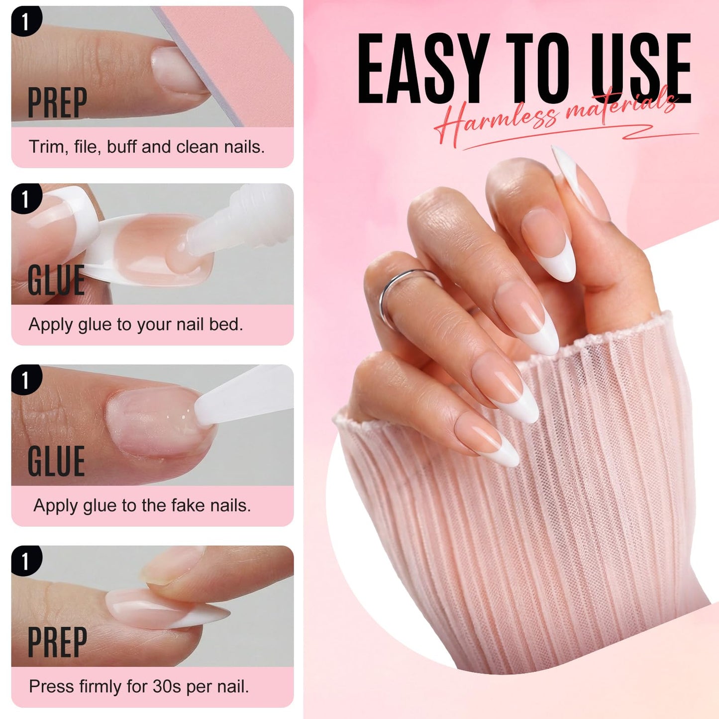 Bioday French Tip Press on Nails Medium Almond, Soft Gel Glossy Fake Nails Press on with Glue, 30Pcs Reusable Stick on Nails in 15 Sizes, Salon Quality False Nails for Women Spring Vacation DIY Gift