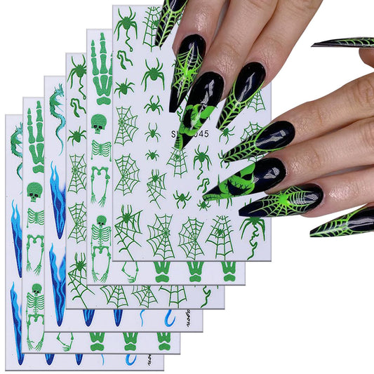 6 Sheets Halloween Nail Art Stickers 3D Self -Adhesive Luminous Skeleton Head and Hand Nail Decals Holographic Spider Web Snake Nail Stickers Halloween Nail Decoration for Women Manicure Supplies