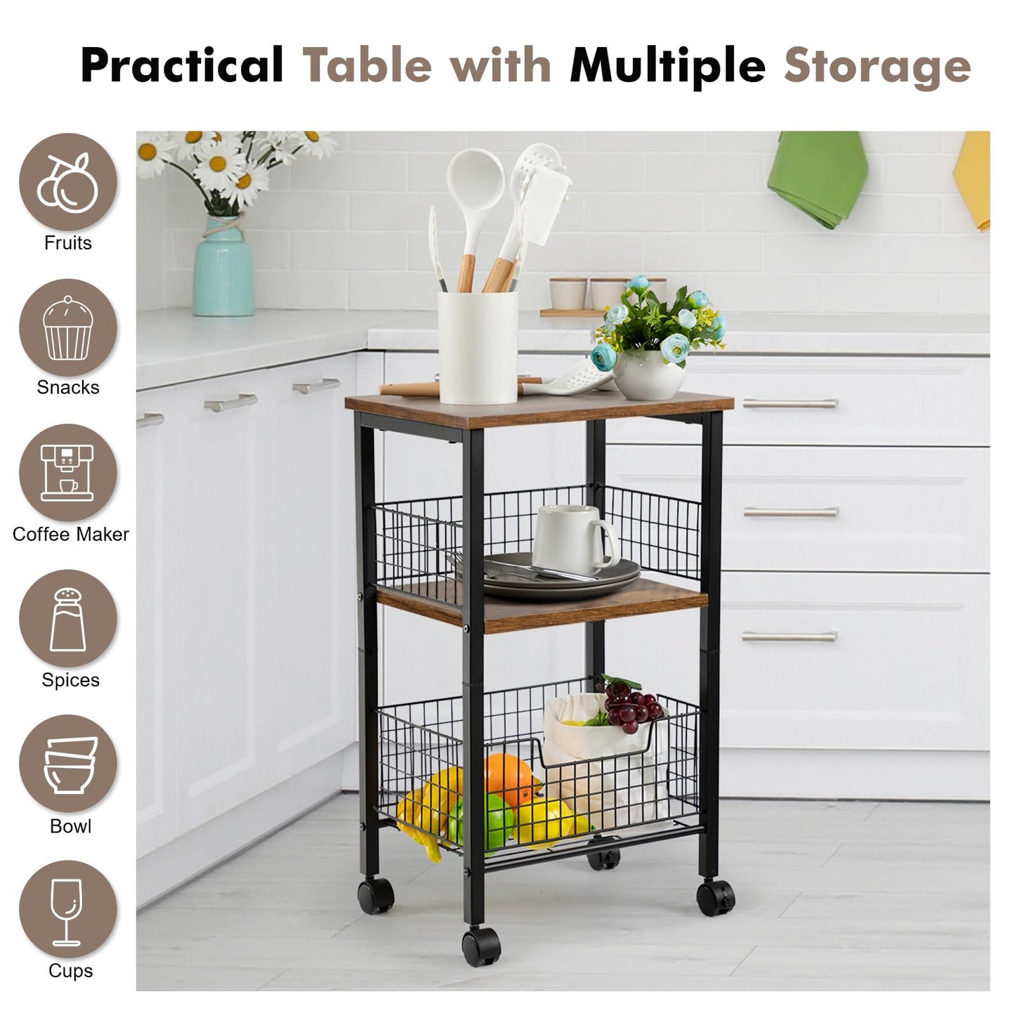 Hadulcet Small End Table, 3-Tier Side Table with Storage Basket, Industrial Style Side End Table for Living Room Bedroom Kitchen Bathroom, Rustic Brown