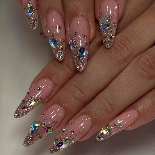 MERVF 24Pcs Long Stiletto Press on Gold Glitter French Tip Fake Nails with Ombre, Rhinestones Design Glue ons Acrylic Luxury Glossy Finish Manicure