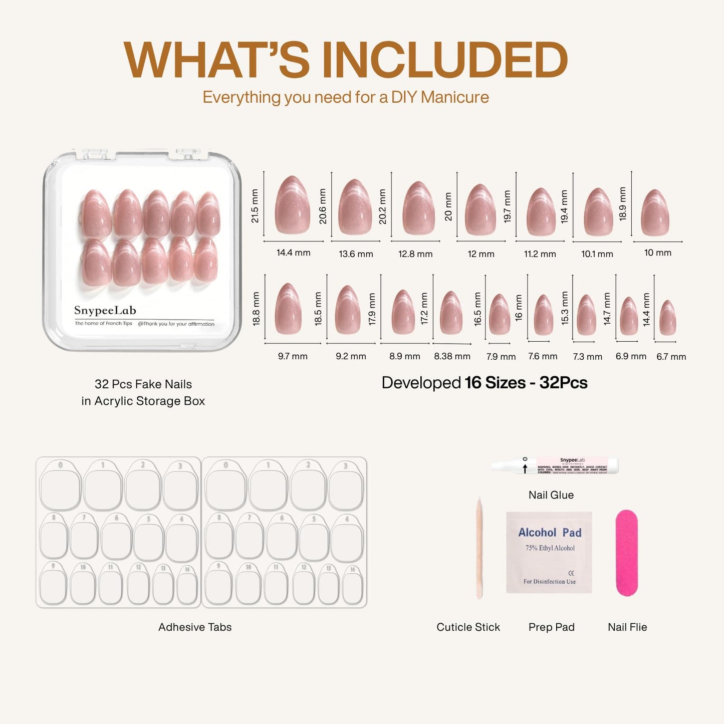 SnypeeLab Cat Eye Press on Nails Short Almond, with French Tip Effect, Glue on Nails for Women Gift, Salon Quality Wedding Nails, 32 Pcs (Nude Pink1)