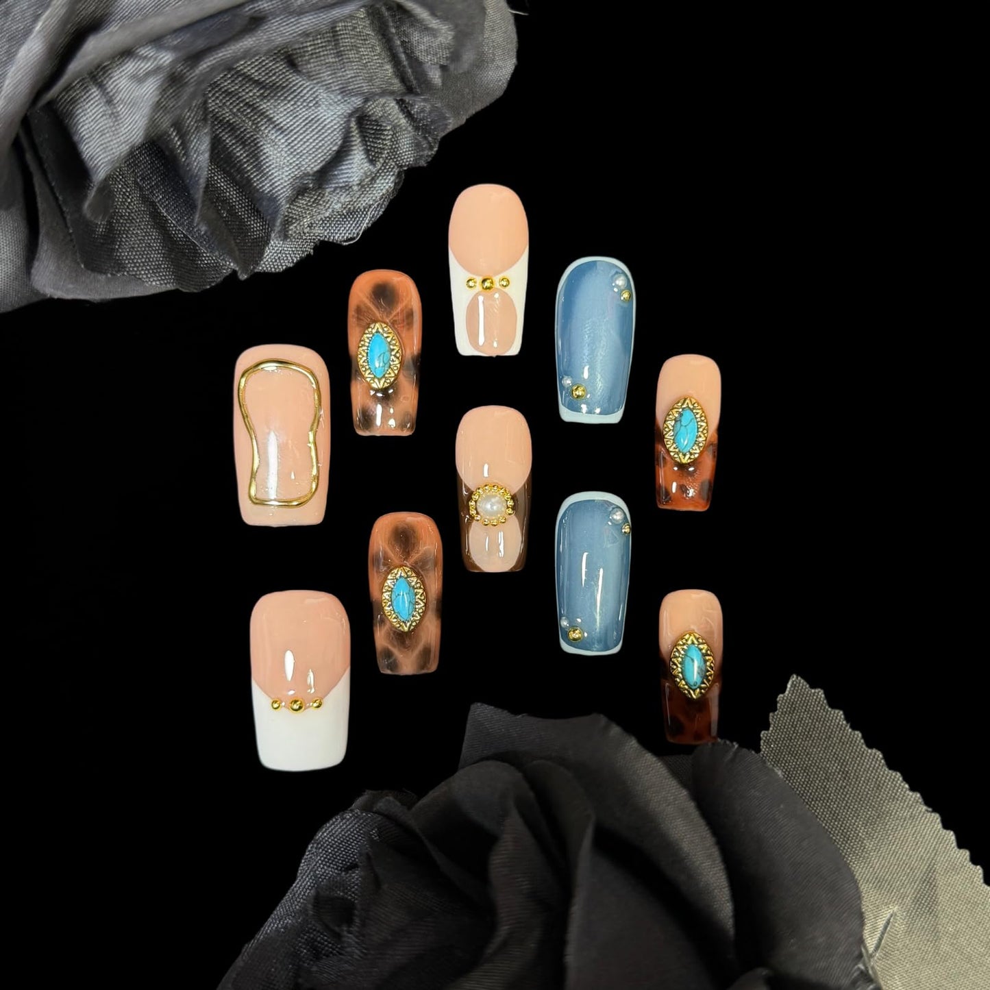 Handmade Press on Nails - Turquoise & White French Tip Short/Medium Square Shape, Amber Print Acrylic Reusable False Nails with Pearl Accents (Turquoise, L)