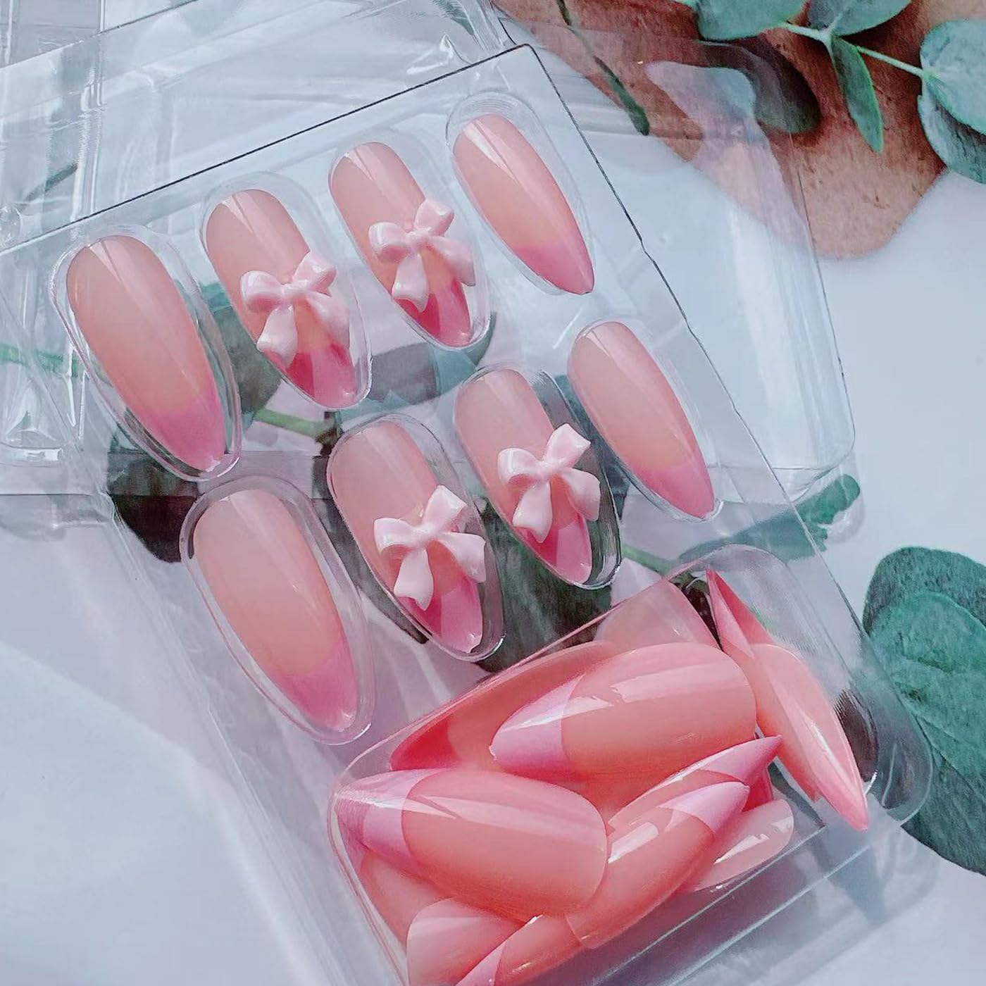 24Pcs French Tip Press on Nails Fake Nails with Pink Bow Design Gloss Short Almond-Shaped False Nails Cute Bow Press ons Stick on Nails Acrylic Artificial Fingernails for Women Girls