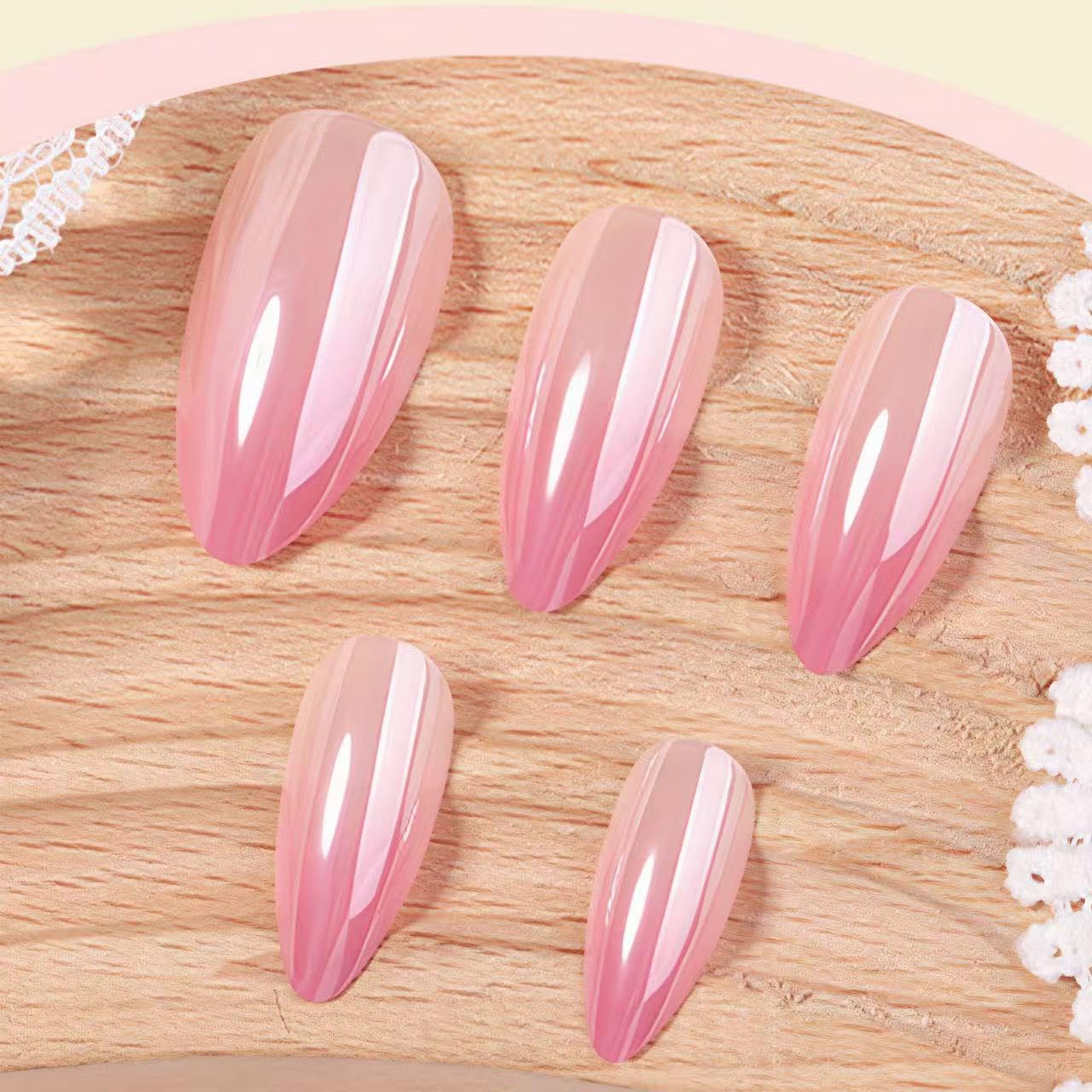 Gradient Nude Pink Electroplated Press on Nails SHIQIXIANNV Almond Fake Nails Metallic Mirror False Nail Design Rose Pink Glossy Acrylic Nails for Women Girl DIY Manicure Decoration 24Pcs