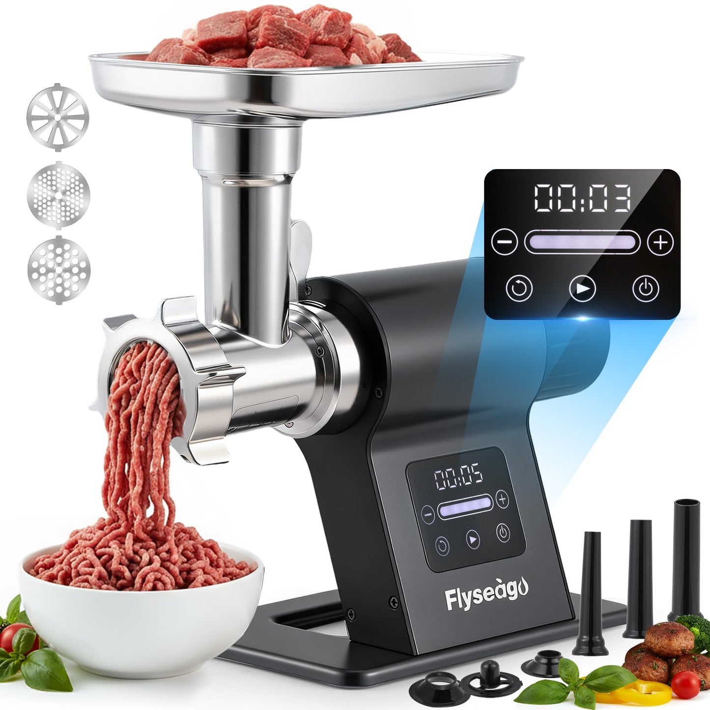 Flyseago Meat Grinder Electric 3200w Commercial Touch LCD Screen Heavy Duty Metal Gearbox Meat Grinder with Timing and Sausage Stuffers, Kubbe Kit for Household Use & Commercial