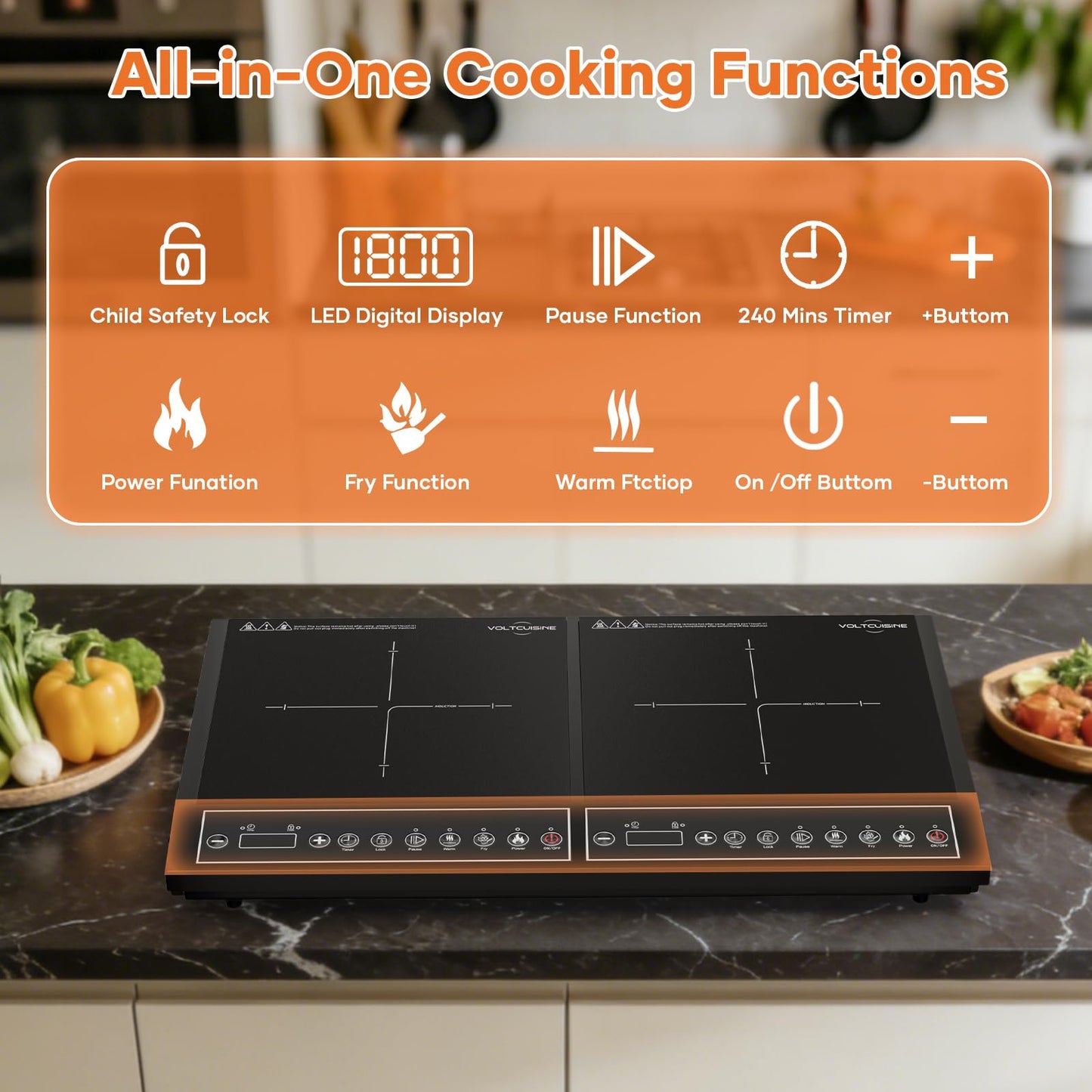 VoltCuisine 24 Inch Double Induction Cooktop, Physical Button Control, 1800W Shared Power, Dual Burner Portable Electric Stove with Low Power Continuous Heating, Countertop Cooker for Home & RV