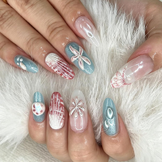 3D Press On Nails Almond Medium Light Blue Fake Nails with Cat's Eye Embossed Marine Life Summer Beach Designs, Acrylic Artificial Nail Press ons False Stick On Nails for Women Girls 30Pcs