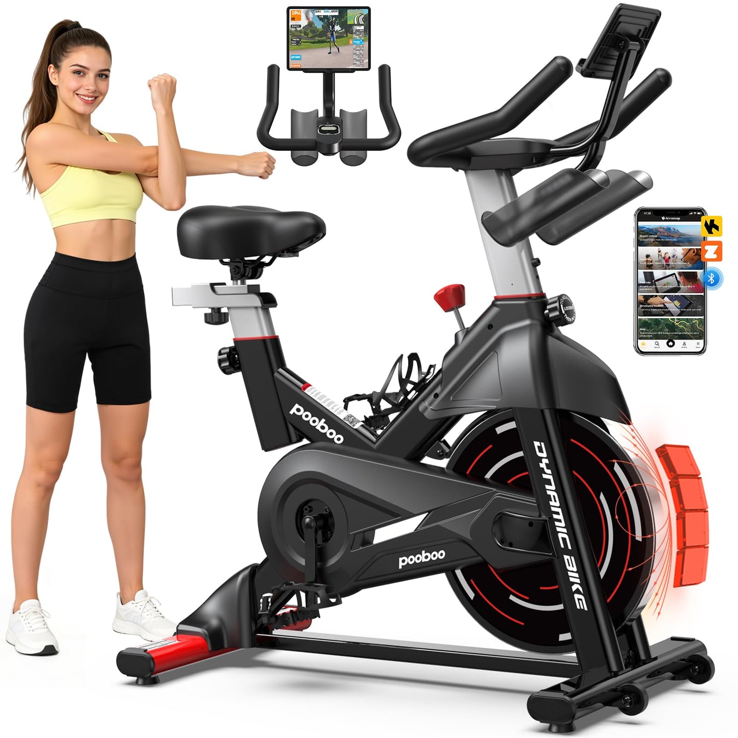 pooboo Exercise Bike, Adjustable Magnetic Resistance Stationary Bikes for Home with App Compatible, Quiet Indoor stationary bikes with 350lbs Weight Capacity Comfortable Seat,Tablet Mount and Fitness Courses for Weight Loss