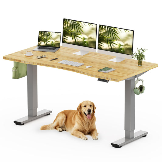 FLEXISPOT Solid Wood Standing Desk, One-Piece Real Wood Desktop, Electric Height Adjustable Desk for Home Office, 176 LBS Capacity (60"x30" Curved Bamboo, Silver Frame)