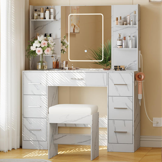 GarveeTech Makeup Vanity with Mirror, Light and Chair, Power Outlet, Hairdryer Holder, 7 Drawers, 3 Lighting Modes Brightness Adjustable Dressing Table for Bedroom