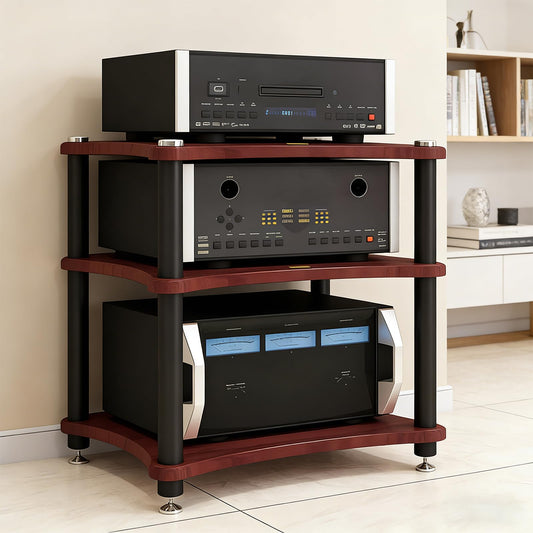 RAJYQODIS Heavy Duty Audio Component Rack, Large Storage Space AV Media Stand with Shock-Absorbing Foot pegs, Audio Rack Tower CD Player Stand for Home/Office/Audio Video/Theate (Teak, 3rd)