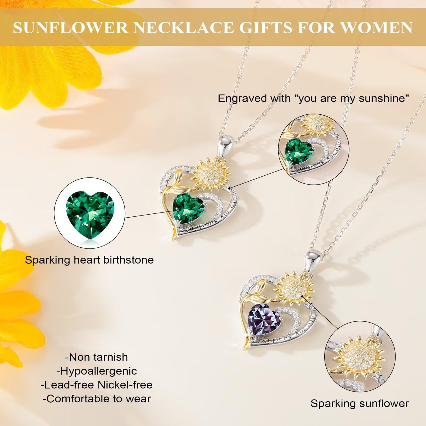 Iefil Sunflower Gifts for Women, Sunflower Necklace, Anniversary Birthday Gifts for Wife, March Simulated Aquamarine Necklace, Jewelry for Women Wife Mom