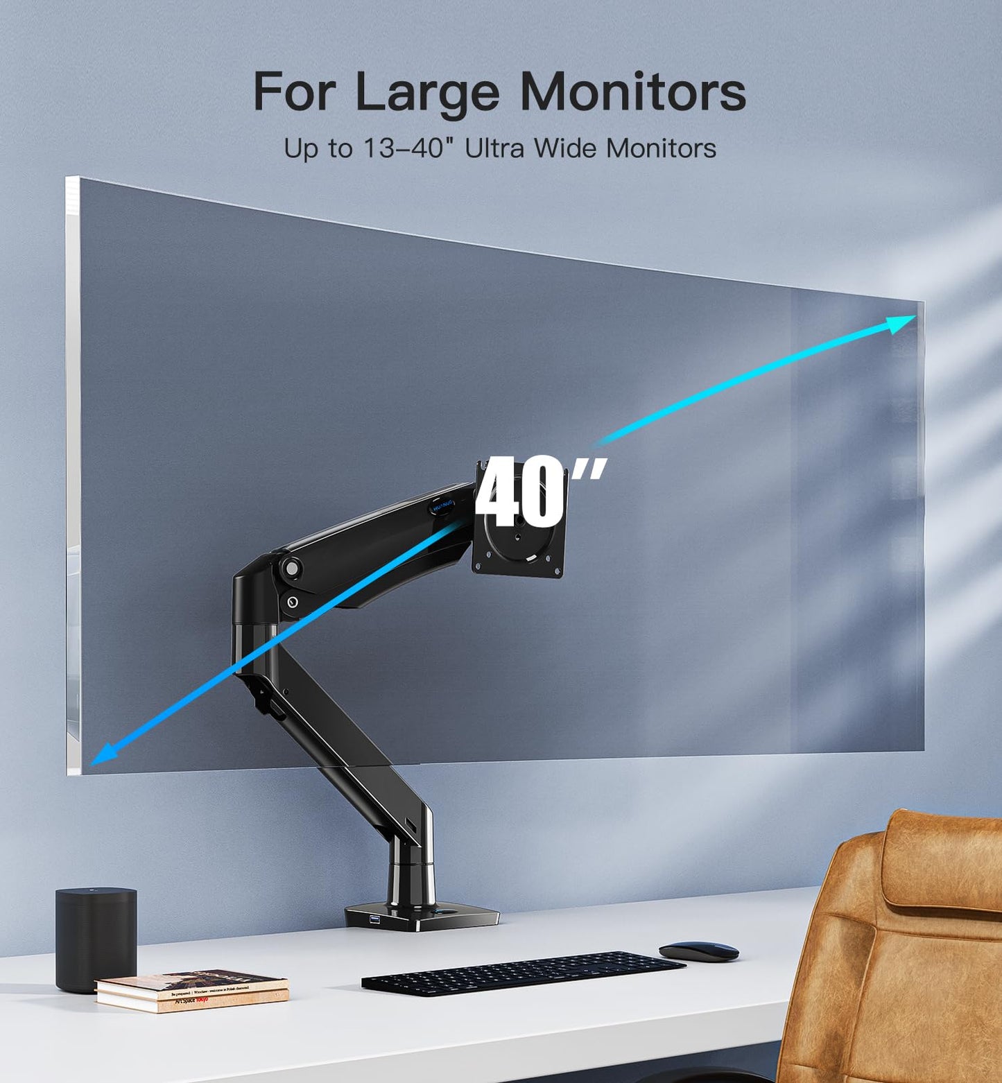 HUANUO 13 to 40 Inch Dual Monitor Arm for 2 Ultrawide Screens, Height Adjustable Full Motion Stand with 2 USB Port, VESA 75/100mm Mount, Holds up to 26.4lbs per Arm, Black