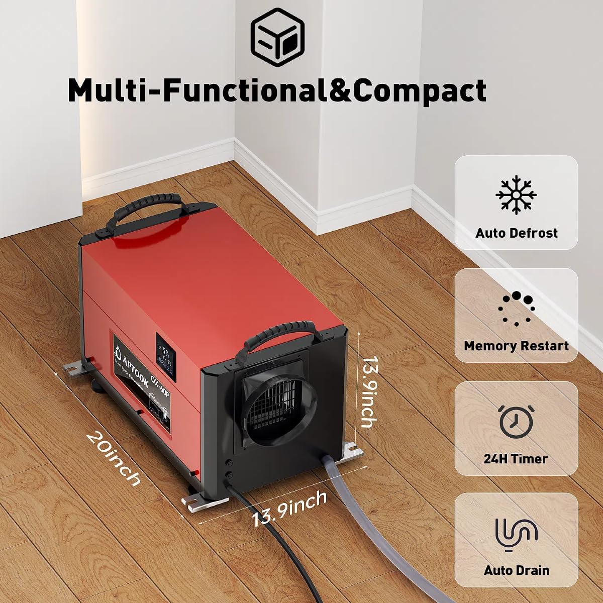 APTOOK 110 Pints Commercial Dehumidifier with Drain Hose, Crawl Space Dehumidifier for Water Damage Restoration, Flood Repair, Crawlspace and Basement, Red
