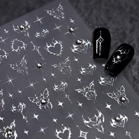 Silver Star Nail Art Stickers 5D Self Adhesive Heart Butterfly Nail Stickers for Nail Art Silver Nail Decals Rhinestone Design Star Nail Supplies for Women Girls