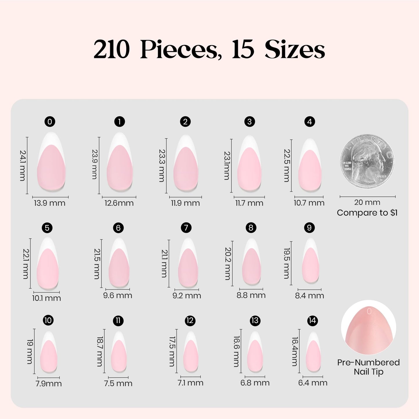 Beetles Soft Gel French Tips Press On Nails-210 Pcs Pink French Tip Nails Medium Almond Fake Nail Tips, Nails False Nails Art DIY Gift For Women