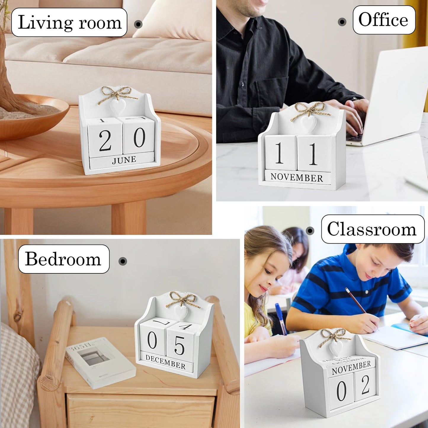 Rustic Wooden Desk Calendar - Adjustable Perpetual Cube (5.7x5.9in), White European-Style for Home Office Decor, Photography Prop