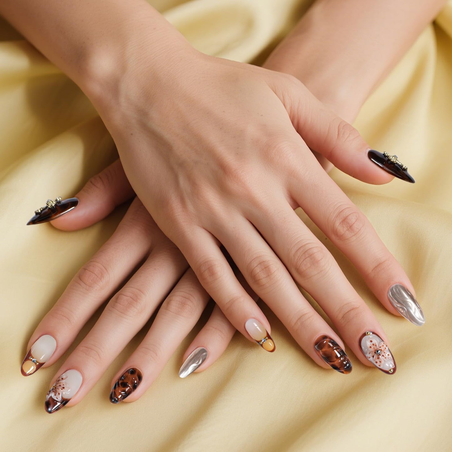 Handmade Press on Nails Long Square Shaped Fake Nails with 3D Rhinestones Flower Design, Almond Handmade Reusable Fake Nails, White French Tip Full Cover Acrylic Nails for Women (05, Long)