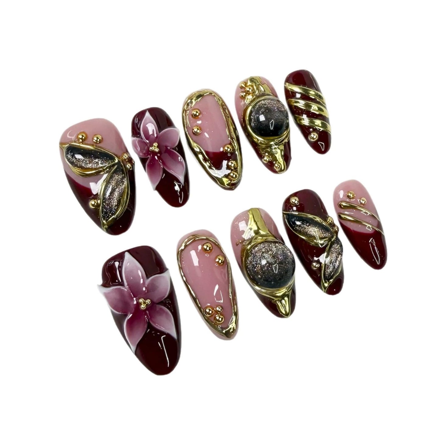 Qicaijia 10Pcs (Size M) Short Almond Handmade Press On Nails - Luxury Red French Tip 3D Cat’s Eye Acrylic Fake Nails with Ombre Flower & Sparkly Designs for Women