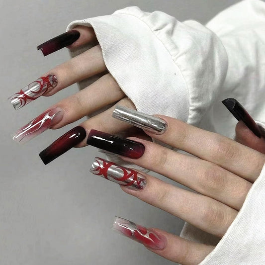 IMRAIN Press on Nails Long Square Fake Nails with Silver Metal Flame, Red Ombre Designs Handmade Full Cover False Nails for Women Manicure Decoration 24Pcs