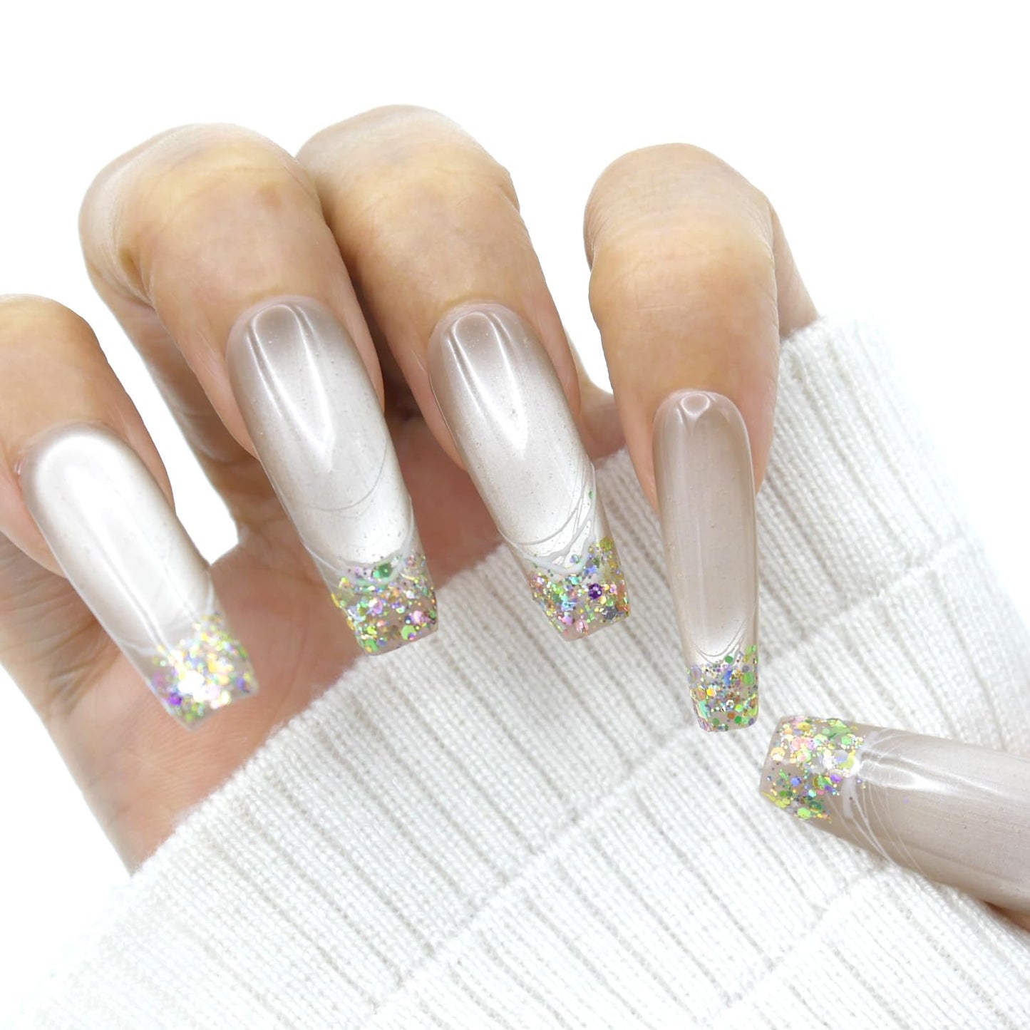 Cat Eye French Tip Press On Nails，Long Stiletto Fake Nails，Glossy and Bling Glitter.With Glue Tabs - 10Pcs Nail Kit for Women Girls Elegant & Durable Artificial Nails for Instant Manicure.