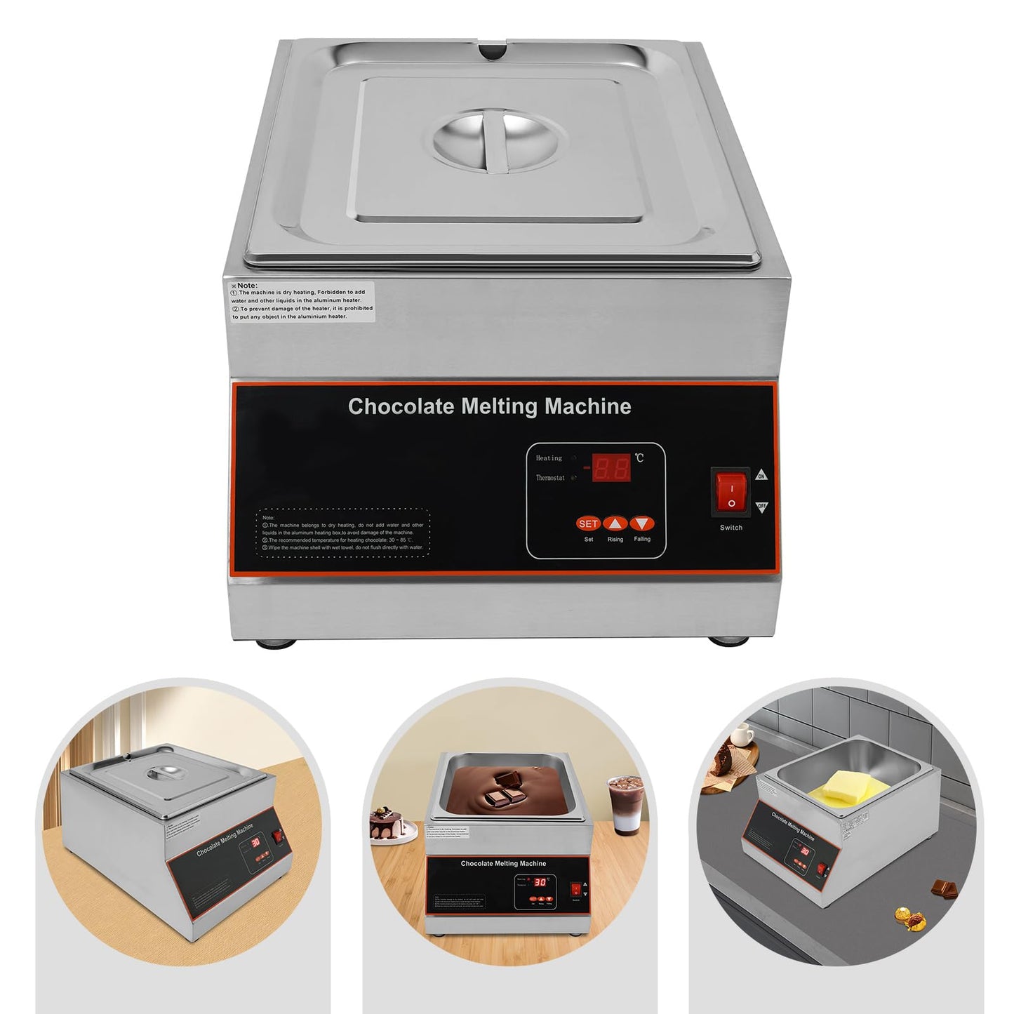 Professional Commercial Chocolate Tempering Machine 26.46 Lbs Single Tank Chocolate Melting Pot with Digital Temp Control 32~203°F, 110V 500W Electric Stainless Steel Chocolate Melter Food Warmer
