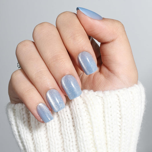 Blue Cat Eye Press on Nails - Short Square Blue Nails Press ons for Women, Reusable Glossy Fake Nails Kit with Glue, 30 Pieces in 15 Sizes