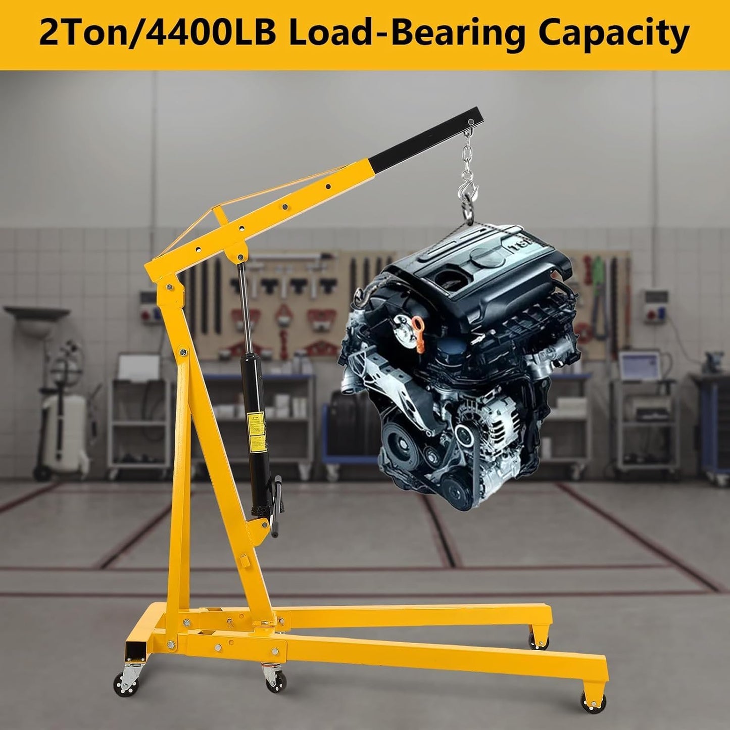 2 Ton Hydraulic Engine Hoist, 4400LBS Heavy Duty Cherry Picker Engine Hoist Lift with 6 Casters, Folding Crane Lifter with Telescopic Boom, for Workshop, Warehouse, Yellow