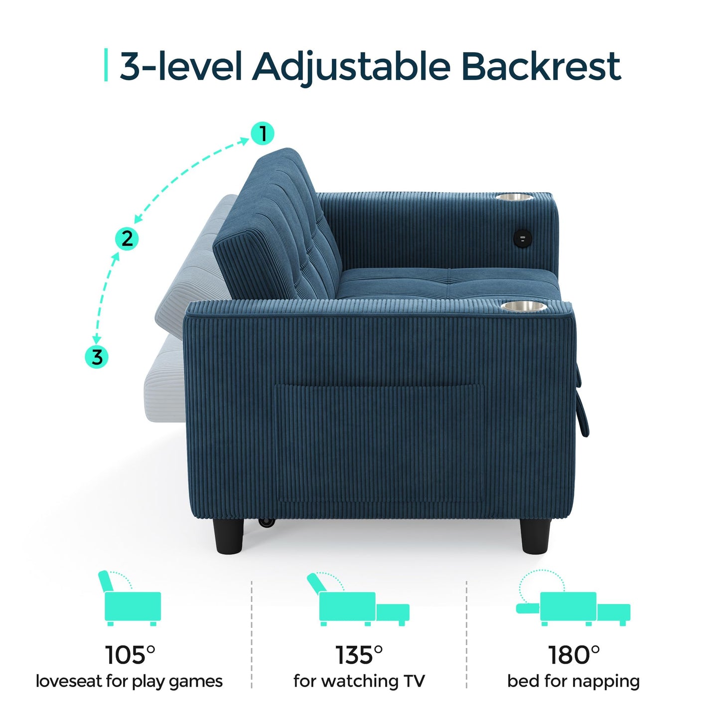 LINSY Sleeper Sofa Bed, 54" Pull Out Couch with Charging Station & Cup Holder, Small 3 in 1 Convertible Loveseat Sleeper Couch for Apartment, Dorm Room, Bedroom and Small Space, Corduroy Blue