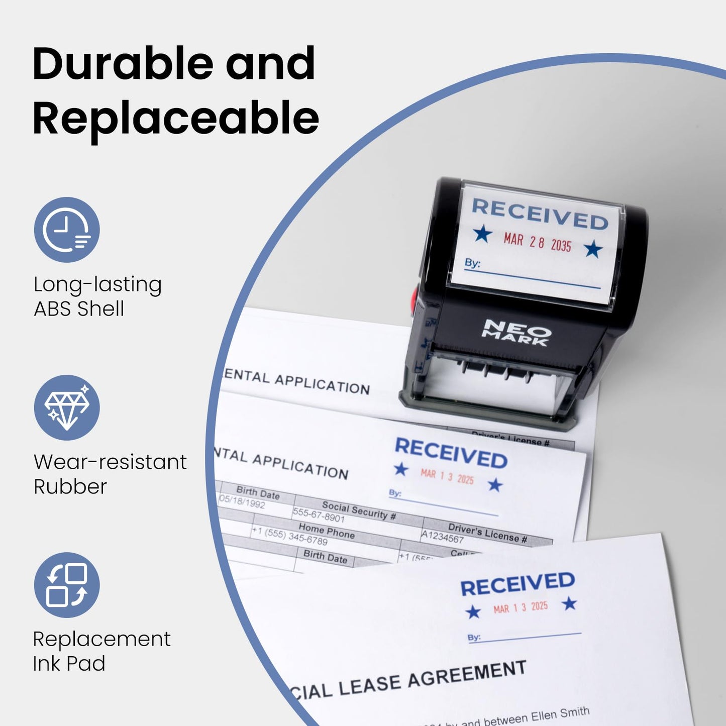 NEO MARK Large Self-Inking Date Office Stamp with Received Blue Ink & Date Red Ink, 12-Year Adjustable Rubber Dater, Ideal for Documents, Business & Accounting - with an Extra Refill Ink Pad