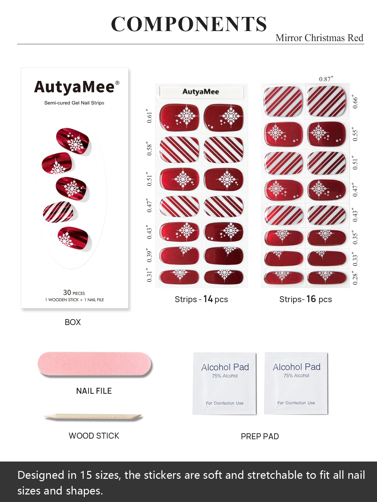 AutyaMee Semi Cured Gel Nail Strips (Mirror Christmas Red), Chrome, 30 Pcs Gel Nail Wraps, Stickers, Long Lasting, Works with Any UV Lamps