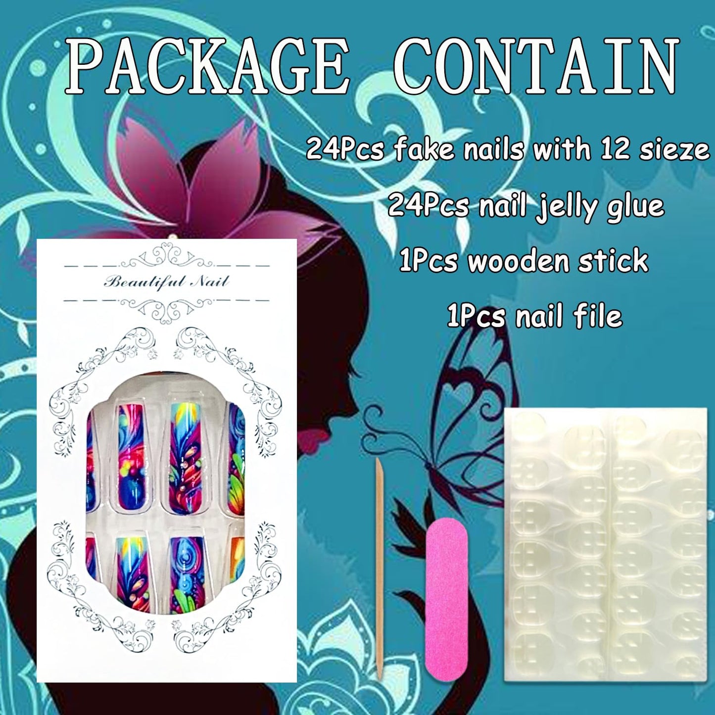 EYZOTSF Press on Nails Long Coffin Shaped Acrylic Square False Nails with Designs Artificial Extra Long Length Coffin Fake Nails with Charms Glue Stick ons Fingernails for Women Girls(Y456)