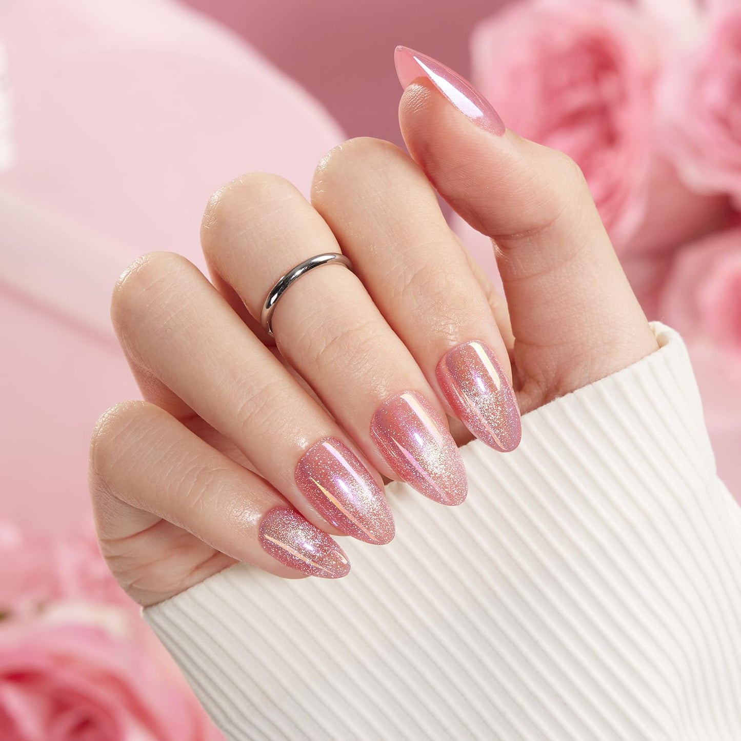 VSALON Press on Nails Short Almond - Pink Cat Eye Pastel Glitter Holographic Spring Fake Nails Kit, Reusable Opaque Gel Chrome Glue on Nails with Glue & Cuticle Oil