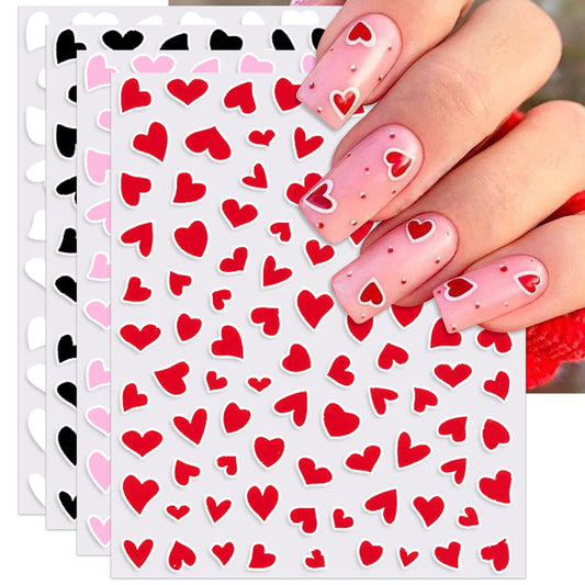 IDDFEVE Valentine's Day Nail Art Stickers - Sexy White Border Heart Nail Decals, Self-Adhesive Black White Red Pink Love for DIY 3D Nail Supplies Decoration (6 Sheets)